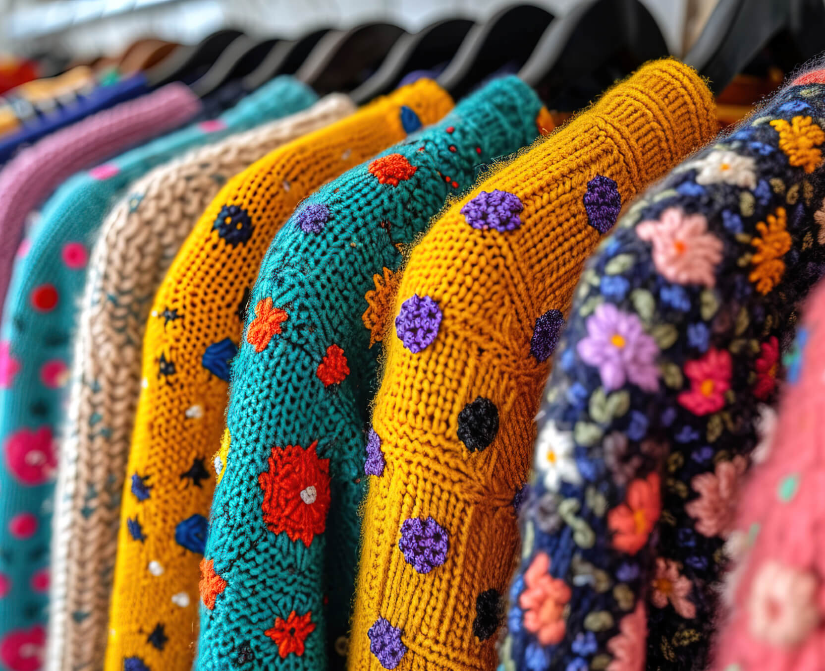 A row of colorful sweaters hanging on a rack.
